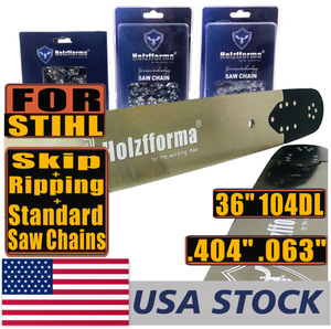 US STOCK - Holzfforma® Pro 36 Inch .404 .063 104DL Solid Guide Bar & Standard Chain & Semi Chisel Ripping Chain & Full Chisell Skip Chain Combo For Stihl 088 MS880 070 090 084 076 075 051 050 Chainsaw 2-4 Days Delivery Time Fast Shipping For US Customers Only