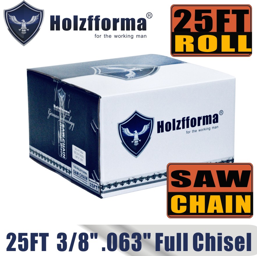 Holzfforma® 25FT Roll Full Chisel Saw Chain .3/8'' Pitch .063'' Gauge For Stihl Dolmar Echo McCulloch Homelite Jonsered Shindaiwa Makita Tanaka Efco Oleo Mac Oregon Carlton Chainsaw With 10PCS Matched Connecting links and 6 Boxes