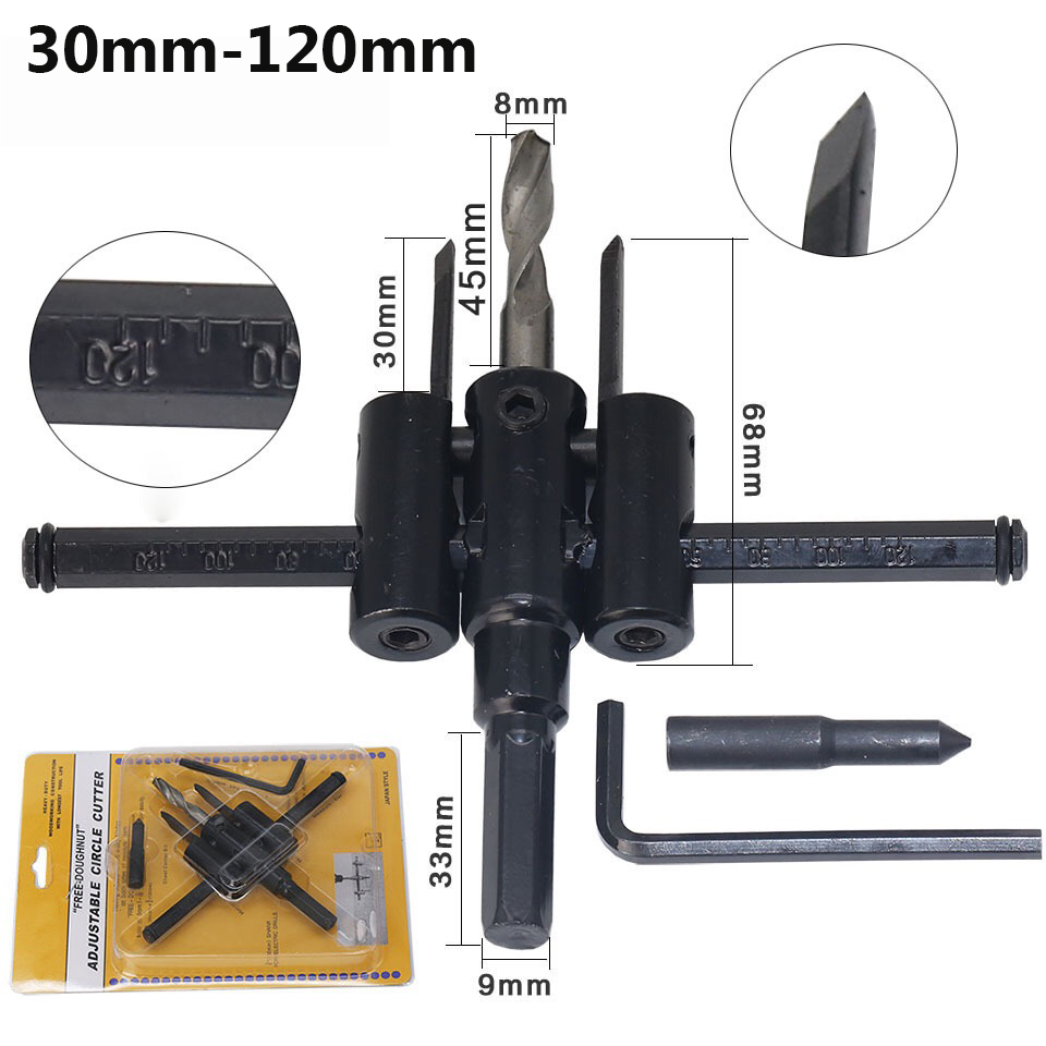30-120mm Adjustable Circle Hole Cutter Wood Drywall Drill Bit Saw Round Cutting Blade