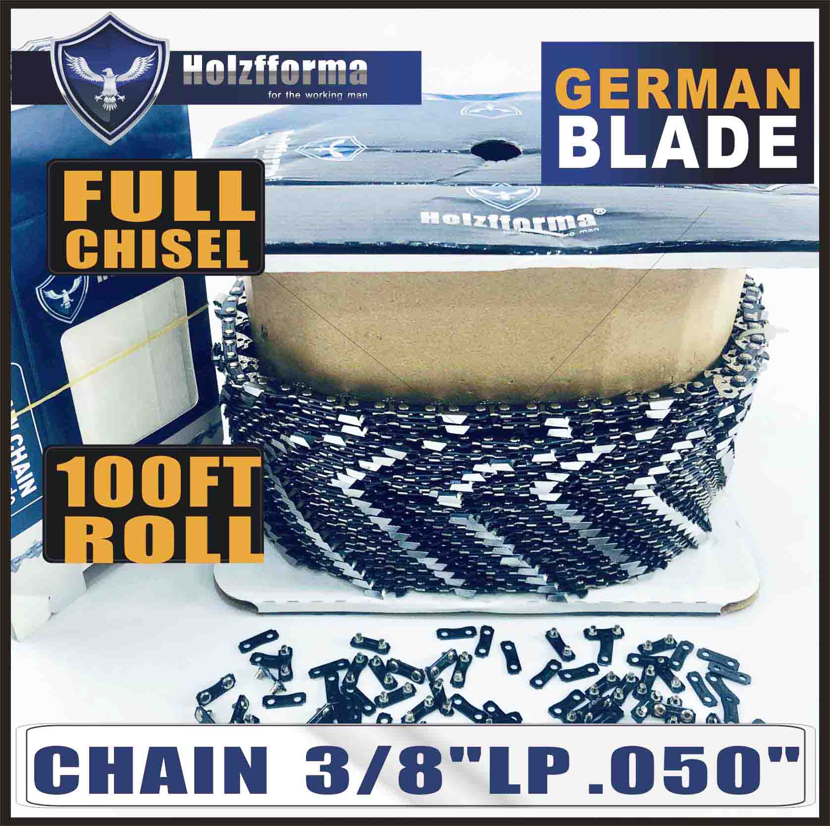 Holzfforma® 100FT Roll .3/8''LP .050'' Full Chisel Saw Chain With 40 Sets Matched Connecting links and 25 Boxes