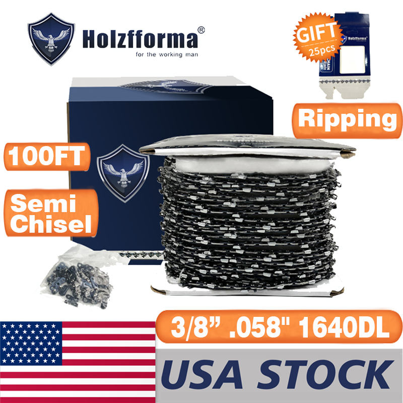 US STOCK - Holzfforma® 100FT Roll 3/8” .058'' Semi Chisel Ripping Saw Chain With 40 Sets Matched Connecting links and 25 Boxes 2-4 Days Delivery Time Fast Shipping For US Customers Only