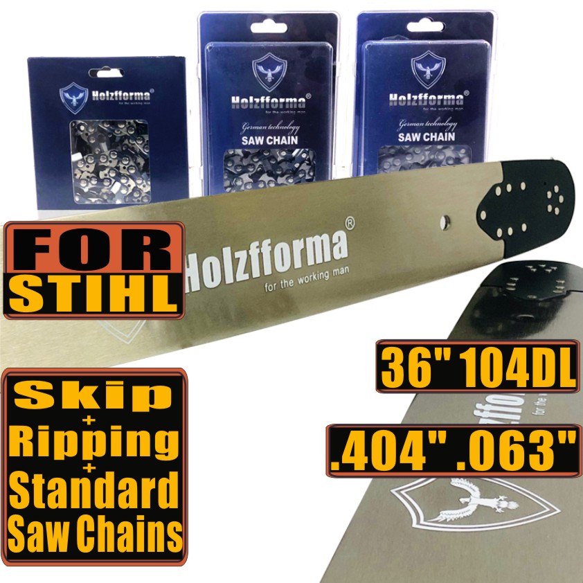 Holzfforma® Pro 36 Inch .404 .063 104DL Solid Guide Bar & Standard Chain & Semi Chisel Ripping Chain & Full Chisell Skip Chain Combo For Stihl 088 MS880 070 090 084 076 075 051 050 Chainsaw