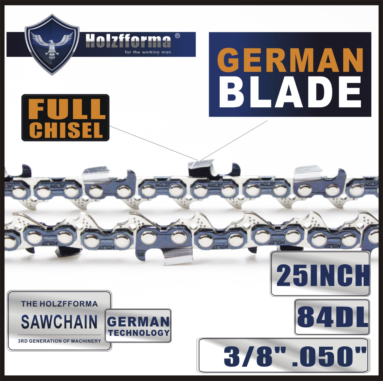 Holzfforma® 24 or 25 inch 3/8 .050 84DL Full Chisel Saw Chain German Blade For Many Chainsaws Stihl Husqvarna Jonserd Oleomac Mcculloch Craftsman Echo Homelite Poulan