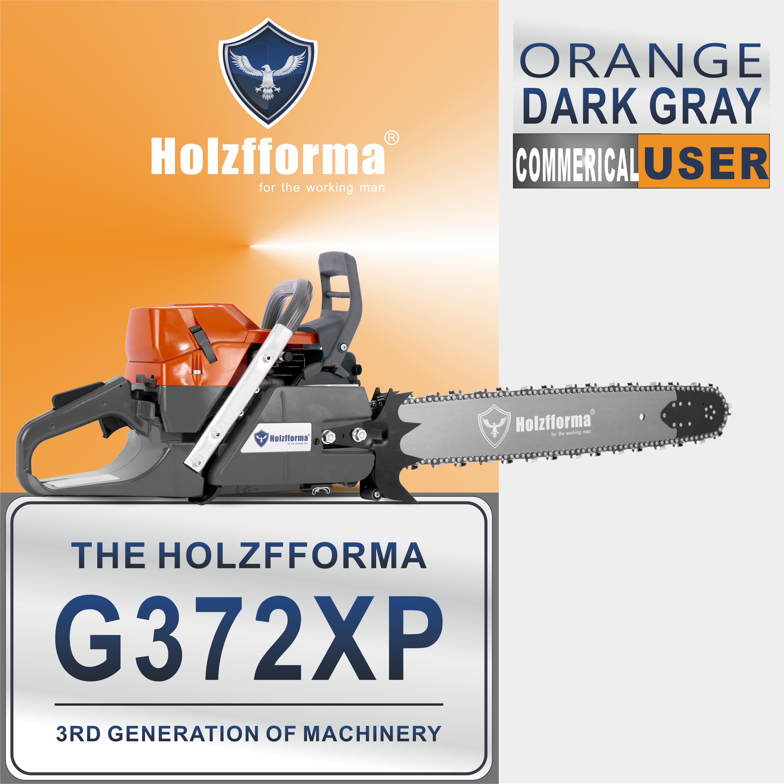 71cc Holzfforma® Orange Dark Gray G372XP Gasoline Chain Saw Power Head 50mm Bore Without Guide Bar and Chain Top Quality By Farmertec All Parts Are For Husqvarna 372XP Chainsaw