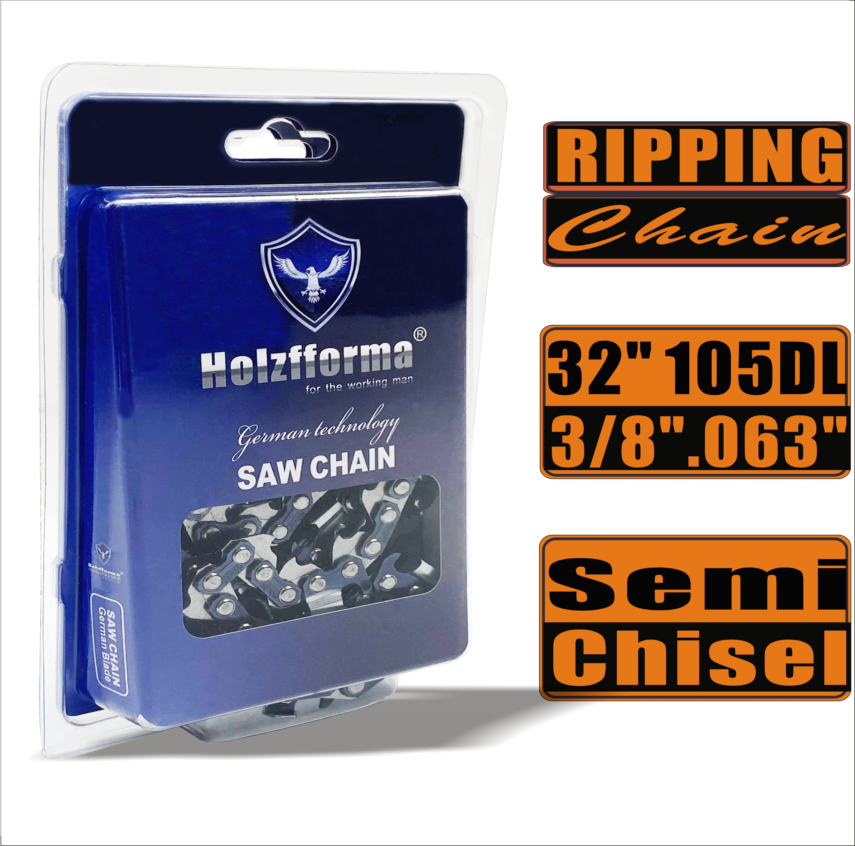 Holzfforma® Ripping Chain Semi Chisel 3/8'' .063'' 32inch 105DL Chainsaw Saw Chain Top Quality German Blades and Links