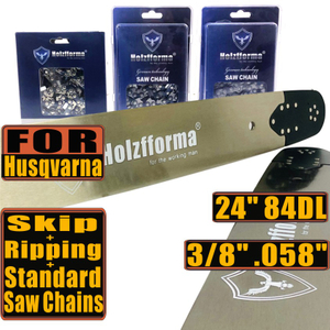 Holzfforma® Pro 24inch 3/8 .058 84DL Solid Guide Bar & Standard Chain & Ripping Chain & Skip Chain Combo For Husqvarna 61 66 266 268 272 281 288 365 372 385 390 394 395 480 562 570 575 Chainsaw