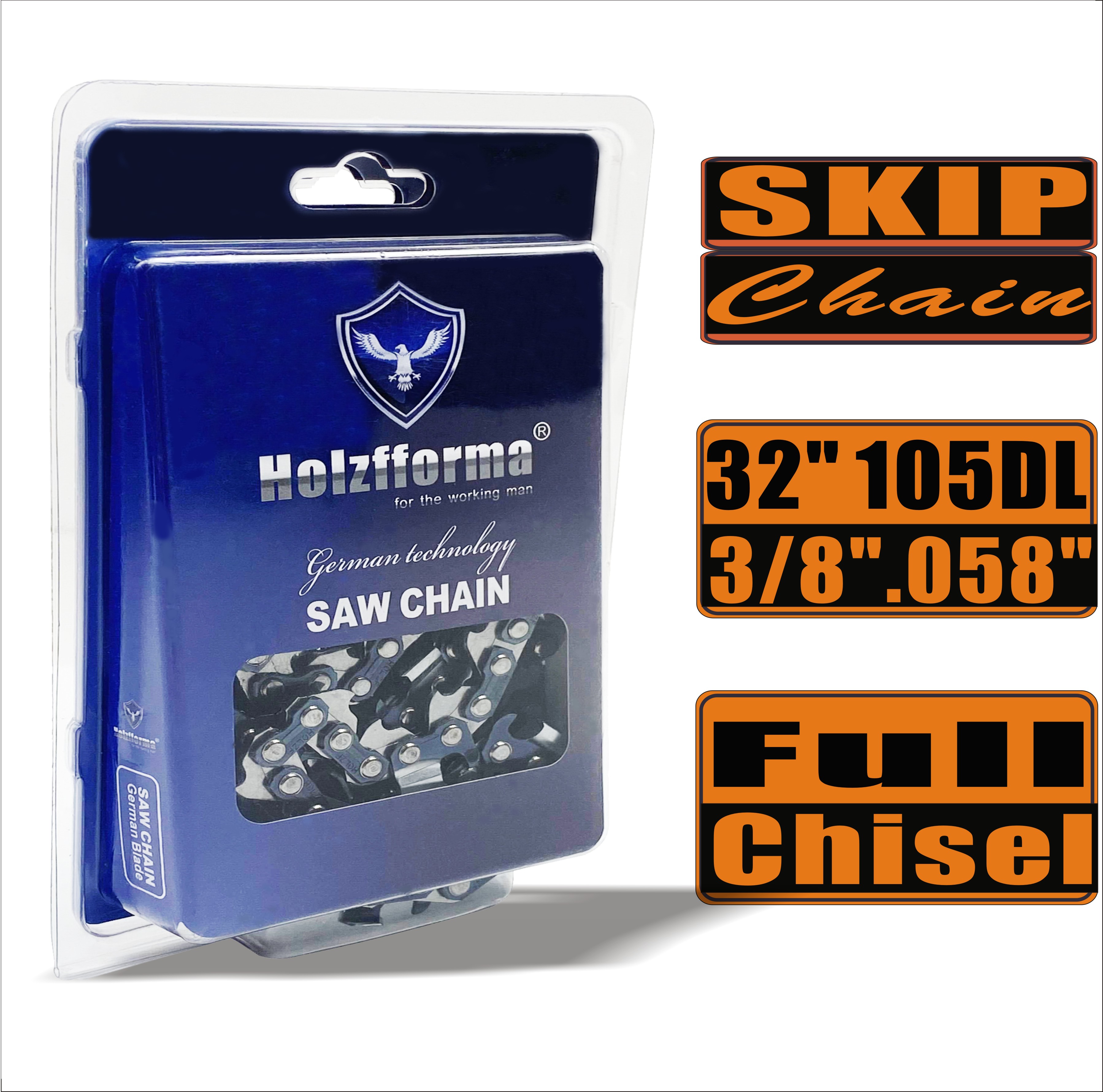 Holzfforma® Skip Chain Full Chisel 3/8'' .058'' 32inch 105DL Chainsaw Saw Chain Top Quality German Blades and Links